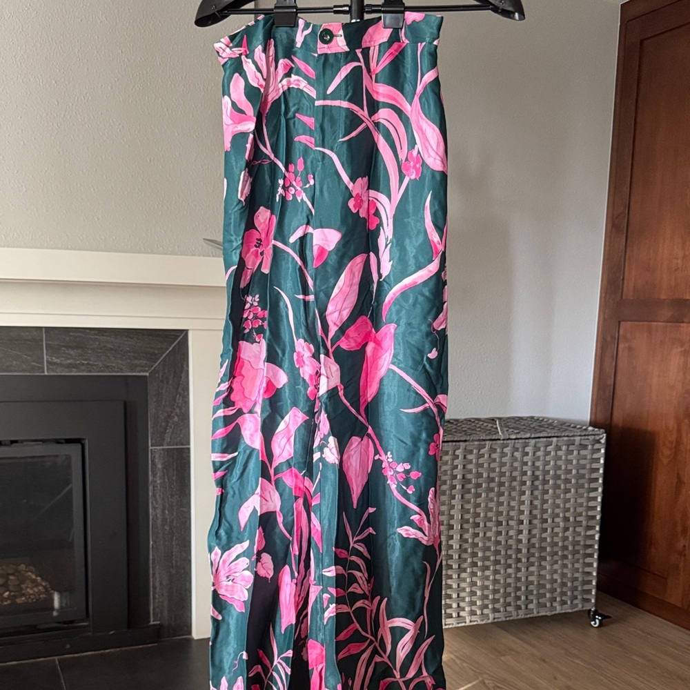 Floral Pink and Green Women's silk pants